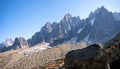 The high peaks of the chamonix valley and Mont Blanc Massif in the village of Chamonix in France. Royalty Free Stock Photo