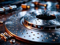 High-performance automotive brake rotors and components on a workbench Royalty Free Stock Photo