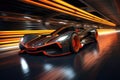 A high-performance black and orange race car zooms through a tunnel, exuding power and speed, xpensive modern futuristic sports