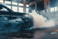 Dramatic Car Burnout in Industrial Setting Royalty Free Stock Photo