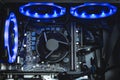 Computer circuit board and CPU cooling fans illuminated by internal LED Royalty Free Stock Photo