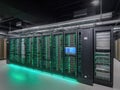 Data Center Infrastructure Long Row of Server Racks and Cabinets with Green Indicator Lights, Housing Advanced Computing Hardware Royalty Free Stock Photo