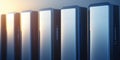 High-performance data servers arranged in a row against a sleek background with ambient lighting in a modern facility