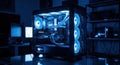 High-performance glowing computer case with vibrant blue led fans for gaming and workstation use Royalty Free Stock Photo