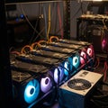 High-Performance GPU Mining Rig with Colorful LED Fans in Operation Royalty Free Stock Photo