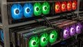 High-performance GPU mining rig with colorful RGB lighting and advanced cooling systems Royalty Free Stock Photo