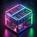 High-performance mining rig with multiple GPUs in neon-lit server room Royalty Free Stock Photo