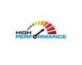 High performance speed wordmark logo with illustration of speed indicator gauge on maximal power