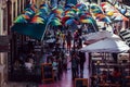 High perspective view of people walking on the Pink Street of Lisbon in the Cais do Sodre