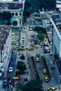 High perspective view of a row of famous yellow taxis in Rio de Janeiro