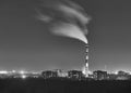 High pollution from coal power plant. Night shot. Black and White. Long Exposition Royalty Free Stock Photo