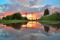 High-power line - power lines are reflected in a puddle after th