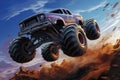 High power monster truck soaring through air after high-flying jump. Generative AI