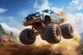 High power monster truck soaring through air after high-flying jump. Generative AI