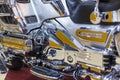 A high power motorcycle. Chromed motorcycle engine parts with exhaust pipes