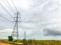 High power pylons and natural green with clear skies.