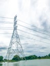 High power pylons and natural green with clear skies.