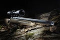 High powered scope on a hunting rifle in a dark forest Royalty Free Stock Photo