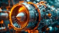 High Precision Aerospace Engineering Detailed Close Up of a Modern Jet Engine Mechanism with Orange Illumination Royalty Free Stock Photo