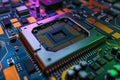 High Precision Close-Up of a Colorful Microchip on a Modern Circuit Board