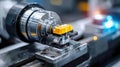 High-precision CNC lathe machine processing a metal component, showcasing advanced manufacturing, engineering accuracy Royalty Free Stock Photo