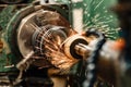 High-precision machining of the metal of the outer surface on a grinding machine with flying sparks and water cooling Royalty Free Stock Photo