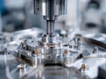 High precision metal component being processed by cnc milling machine demonstrating advanced industrial manufacturing technology Royalty Free Stock Photo