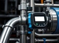 High-precision ultrasonic flow meter measures fluid flow rate accurately. Sleek design, bright LCD display attached to industrial