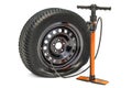 High pressure hand pump with puncture car wheel. 3D rendering