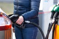 High prices of petrol and diesel fuel ath the petrol station, young woman refueling the car, economic crisis concept Royalty Free Stock Photo