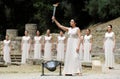 High Priestess, the Olympic flame during the Torch lighting ceremony of the Olympic Games in London in 2012 at ancient Olympia