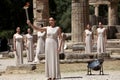 High Priestess, the Olympic flame during the Torch lighting ceremony of the Olympic Games in London in 2012 at ancient Olympia