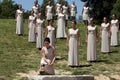 High Priestess, the Olympic flame during the Torch lighting ceremony of the Olympic Games in London in 2012 at ancient Olympia