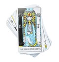 The High Priestess and other tarot cards on white background, top view