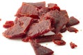 High protein diet and food that is high in sodium and salt concept theme with close up on beef jerky meat strips isolated on white