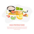 High Protein Food Banner Template, Nutrition and Wholesome Products for Cooking and Eating Vector Illustration