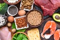 High protein food - fish, meat, poultry, nuts, eggs and vegetables. healthy eating and diet concept Royalty Free Stock Photo