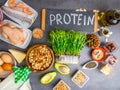 High protein food - meat, fish, poultry, nuts, dairy products, eggs, micro greens, beans, avocado, oil, oat, seeds Products goof Royalty Free Stock Photo