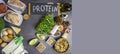 High protein food - meat, fish, poultry, nuts, dairy products, eggs, micro greens, beans, avocado, oil, oat, seeds Products goof Royalty Free Stock Photo