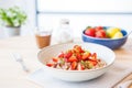 high-protein spelt porridge with strawberries and chia seeds