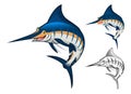 High Quality Blue Marlin Cartoon Character Include Flat Design and Line Art Version Royalty Free Stock Photo