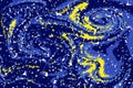 High-quality blue and yellow pointillist swirl with dynamic abstract movement. Vibrant artistic pattern concept