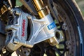 Brembo brakes and Ohlins suspension on a Ducati motorcycle Royalty Free Stock Photo