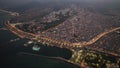 Aerial city center and port at night. Samsun, Turkey