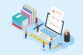 High quality content concept with team people editor with paper document and laptop books with isometric style - vector