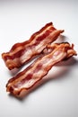 Crispy pieces of bacon on a white background, Generative AI