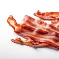 Crispy pieces of bacon on a white background, Generative AI