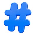 3d render, Blue Hashtag symbol on white background