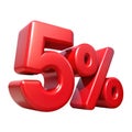 3d red 5 percent symbol isolated on transparent background Royalty Free Stock Photo