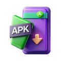 A conceptual 3d render depicting an apk file downloading onto a purple android smartphone Royalty Free Stock Photo